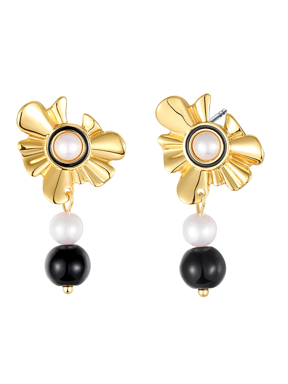 Floral Black Round Bead Dangle Earrings