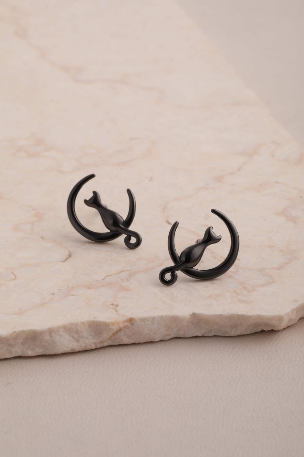 Cat Moon Stud Earrings Sterling Silver