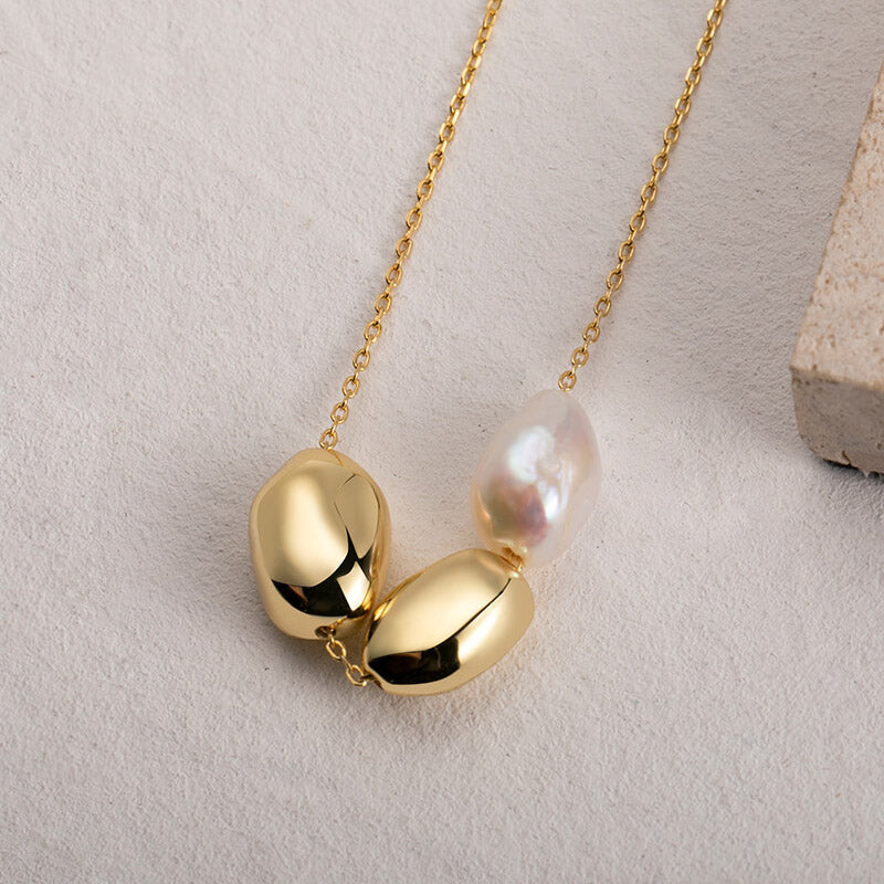 Gold Bead Natural Baroque Pearl Pendant Necklace
