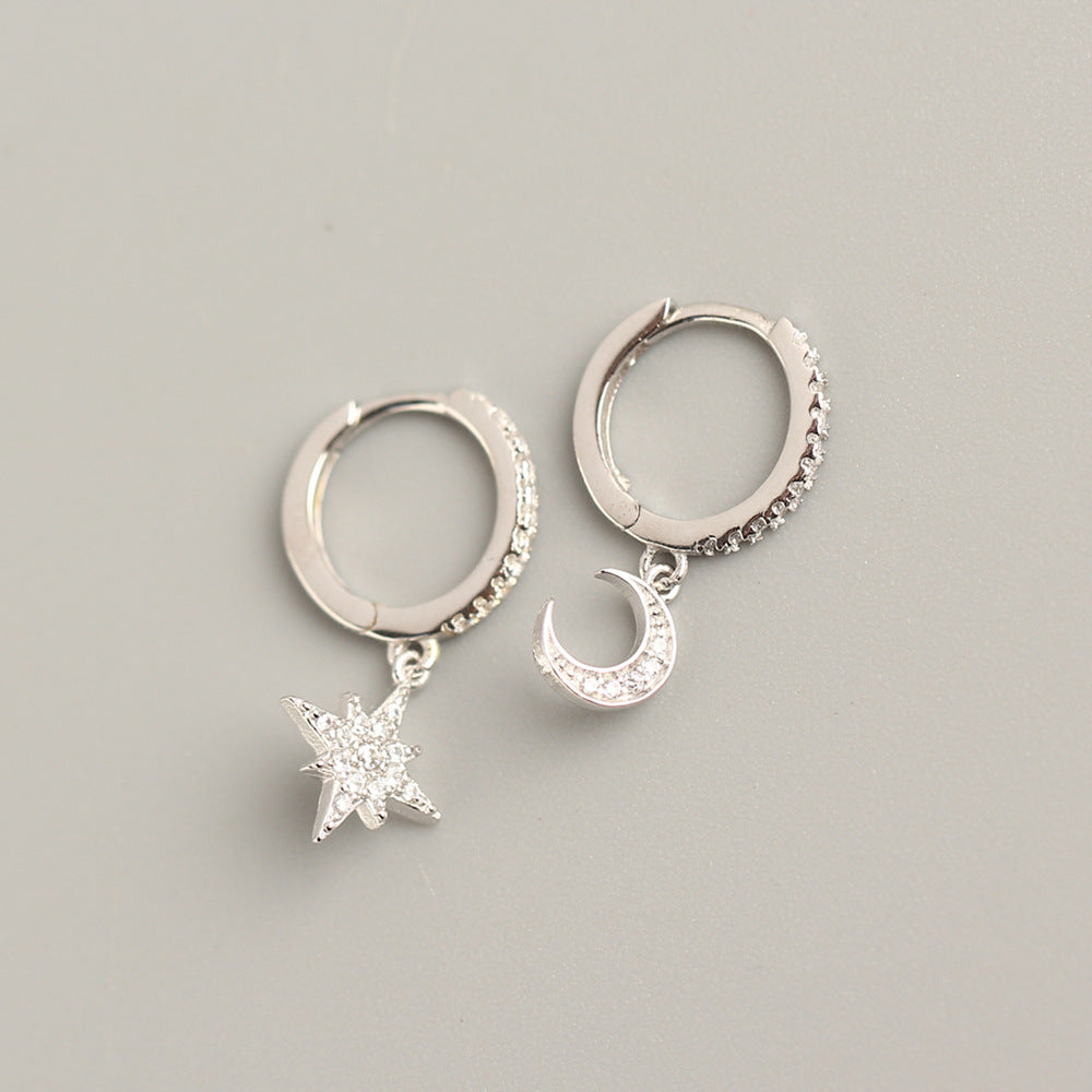 Sterling silver Cubic zirconia Moon Star Hoop Earrings Drop Earrings