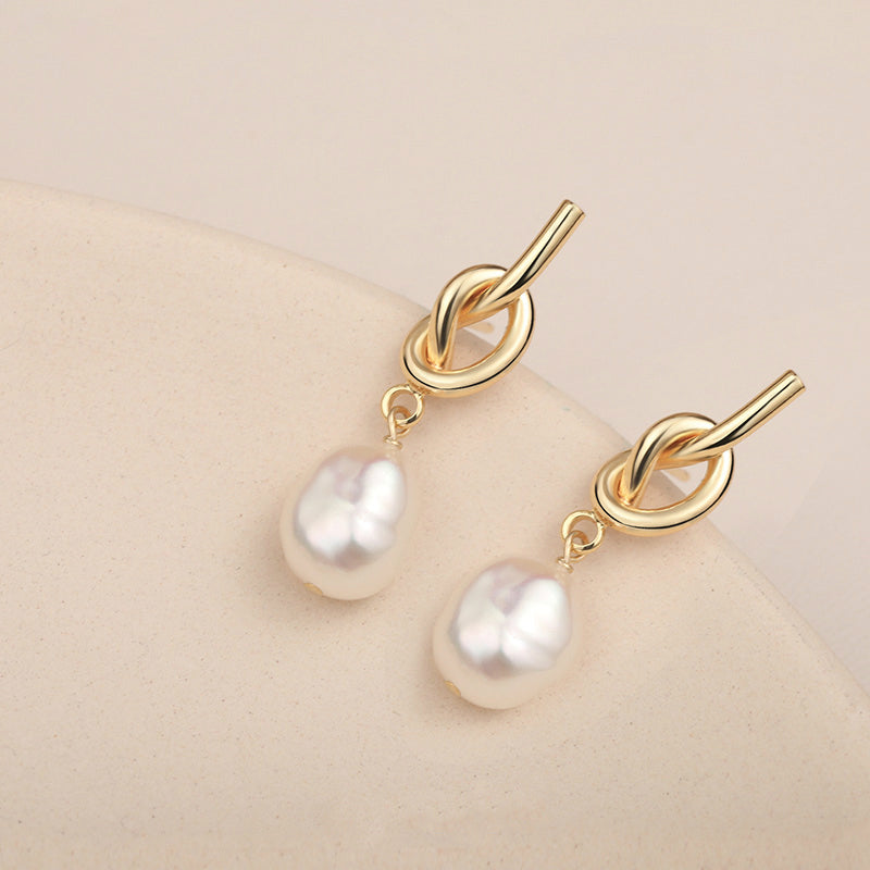 Gold Knot Baroque Pearl Dangle Earrings Vintage Jewelry Gifts