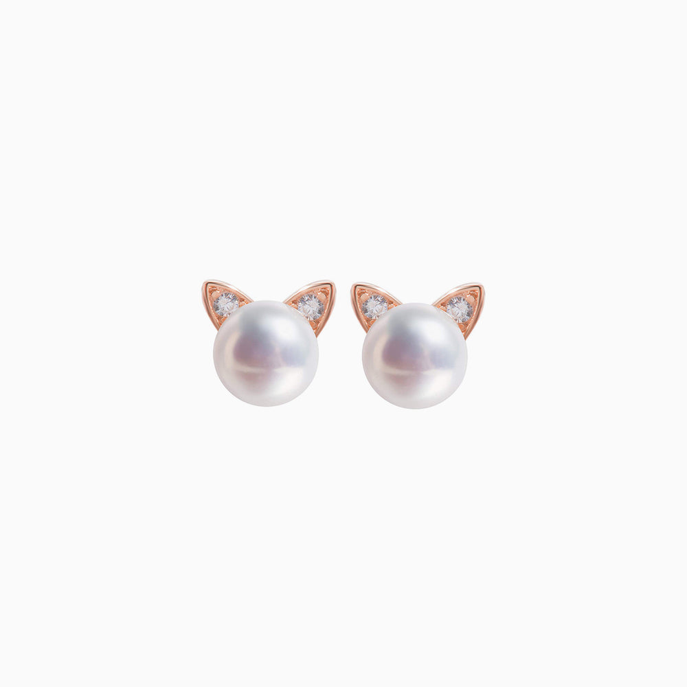 Cubic Zirconia Ear Cat Pearl Stud Earrings