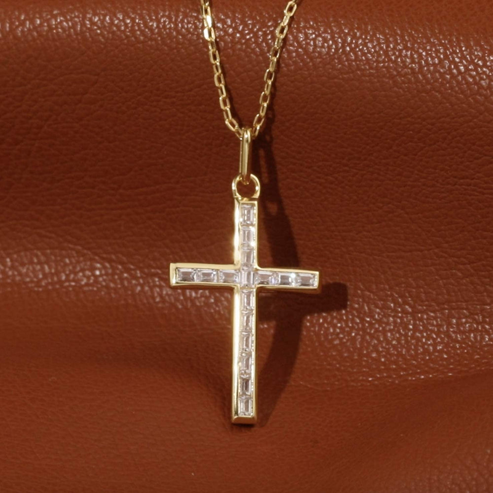 14k gold Cz cross necklace Emerald cut