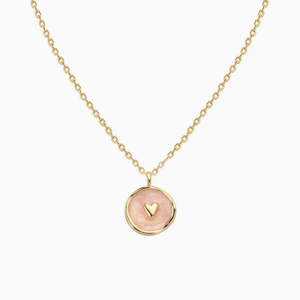 Pink Enamel Heart Coin Necklace for Women