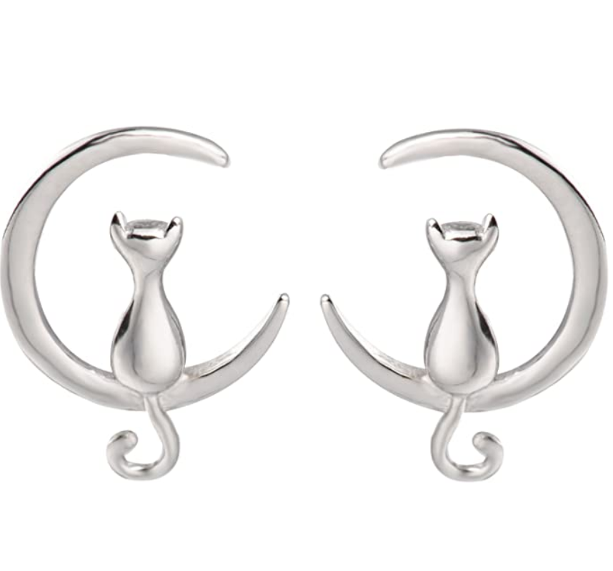 Cat Moon Stud Earrings Sterling Silver