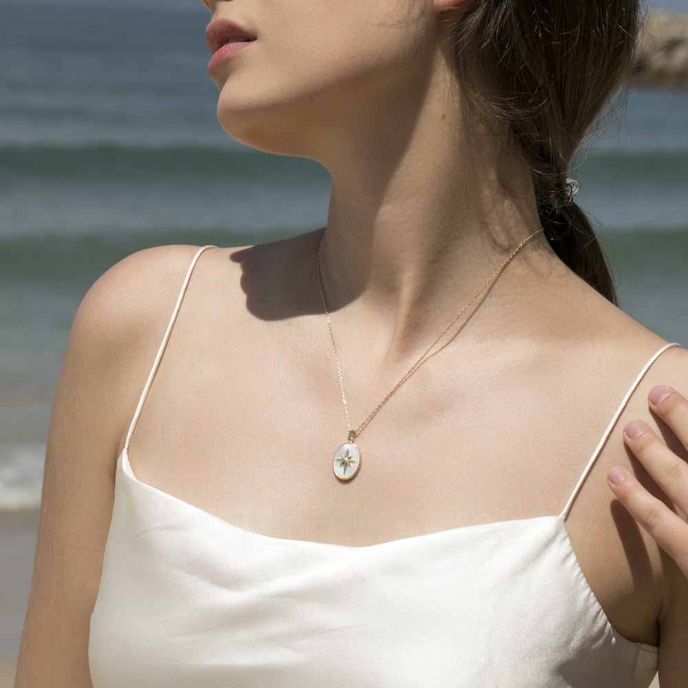 dainty Moter of Pearl Star Signet Coin Necklace for women